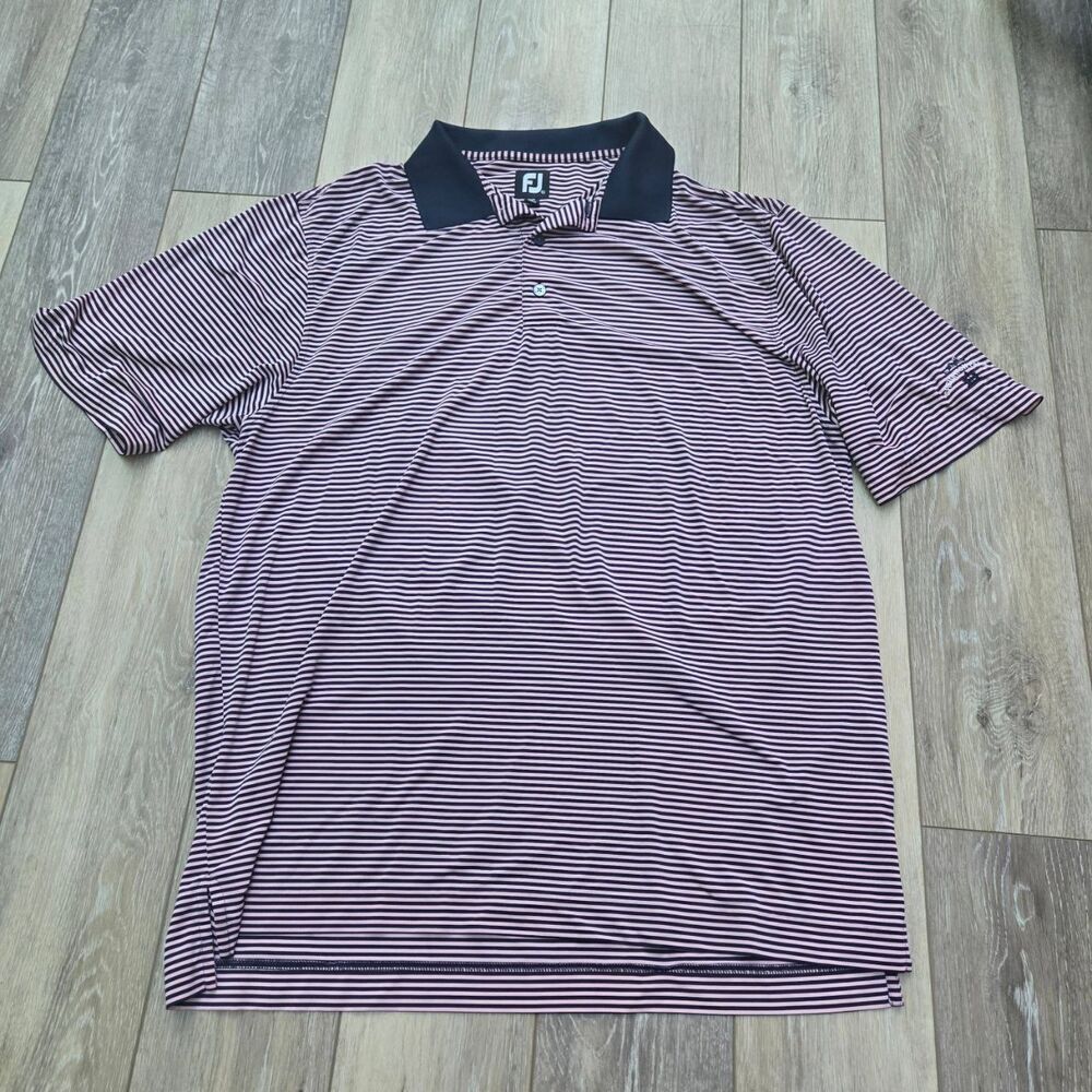 FJ FootJoy men's polo golf shirt striped black and pink xl Creighton farms VA